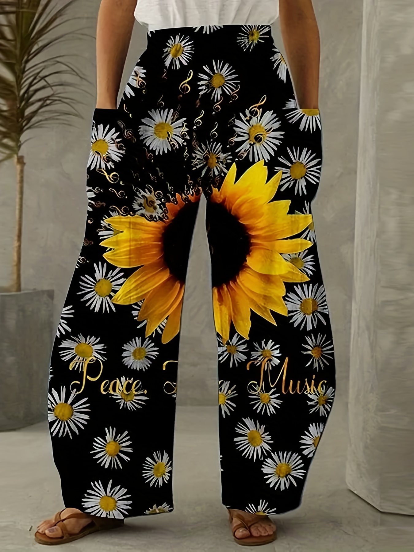 Plus Size Casual Pants Women's Plus Sunflower Print High - Temu