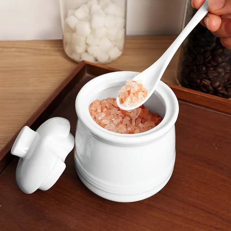 Contenitore per sale in ceramica per zuccheriera da 3,95 * 3,75 pollici  Scatola per spezie moderna facile da pulire con coperchio da cucina