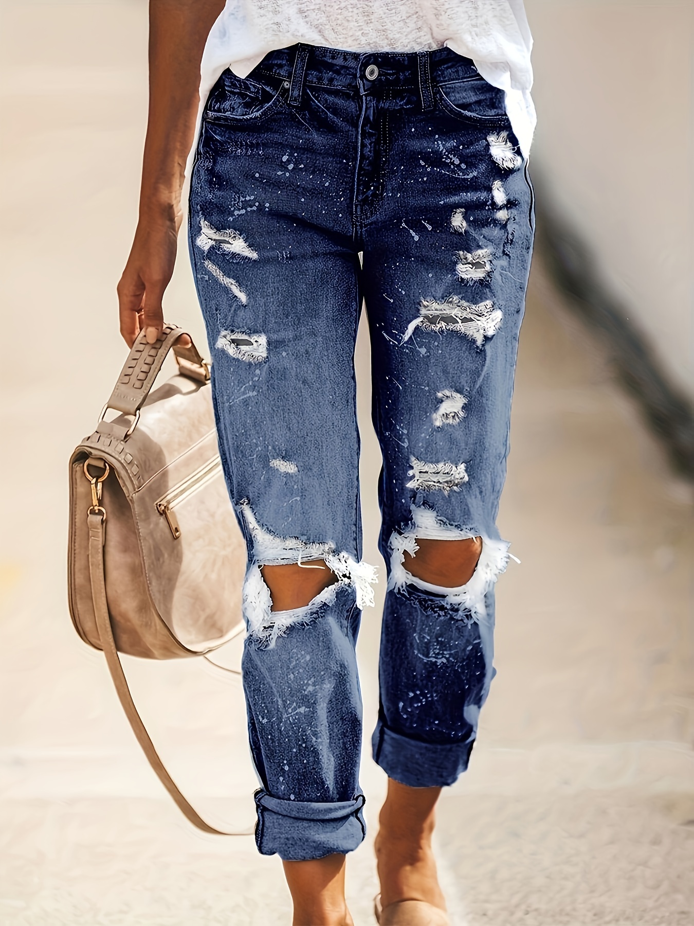 Ripped Holes Distressed Straight Leg Jeans Button Fly - Temu