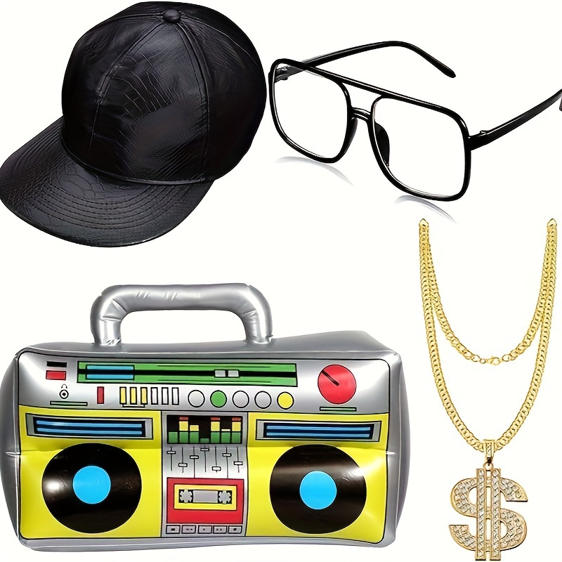 Kit di costumi hip hop, con cappello a secchiello, occhiali da sole, catena  e anello d'oro, accessori rapper anni '80 / '90