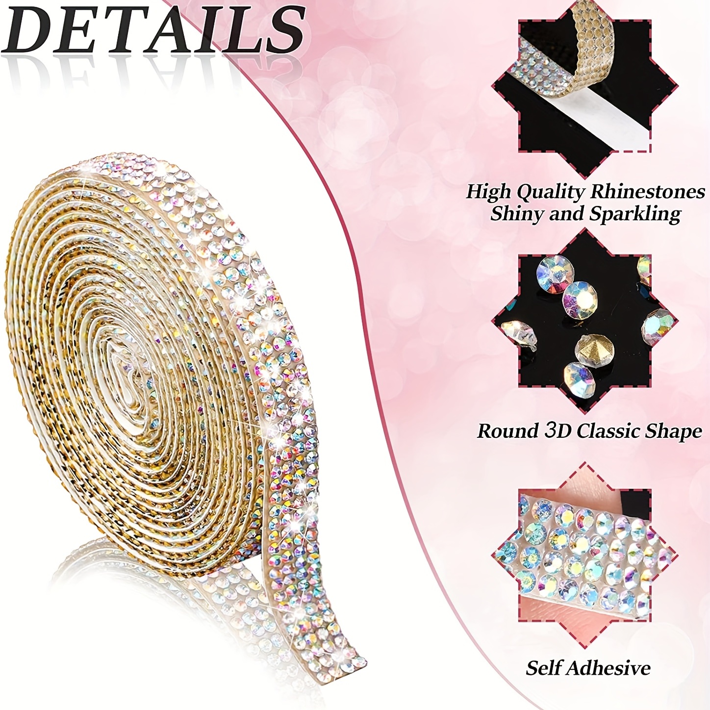 Rhinestone Ribbon Strips Self Adhesive Crystal Stickers Sliver Diamond  Ribbon Roll Bling Wrap for DIY Crafts, Makeup Table, Phone, Party Decor
