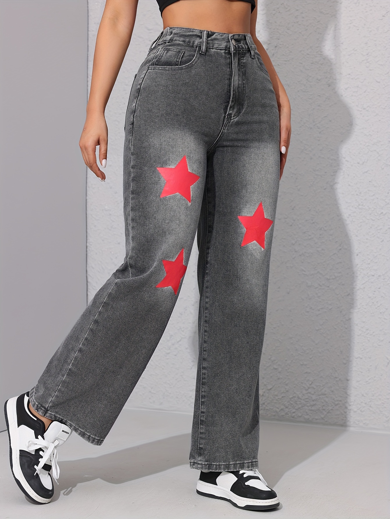 Star Pattern Washed Straight Jeans Loose Fit Slant Pockets - Temu Canada