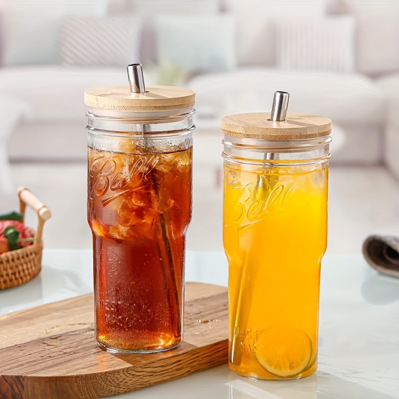Transparent Drinking Glass With Bamboo Lid And Straw, Portable Tumbler  Water Bottle For Iced Coffee Tea, Halloween Christmas Birthday Gifts - Temu
