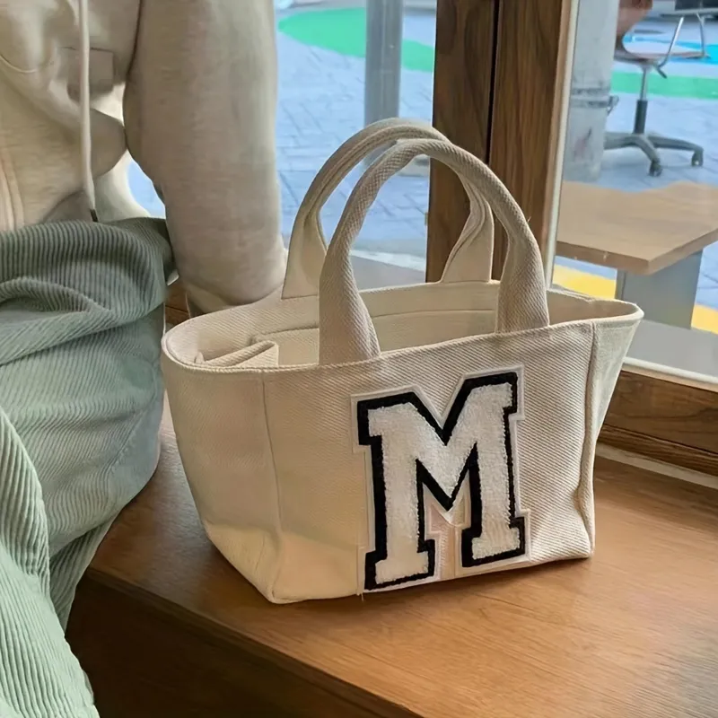M Letter Patch Canvas Tote Bag Womens Versatile Handbag Small Satchel Bag  For Work Shopping, Today's Best Daily Deals