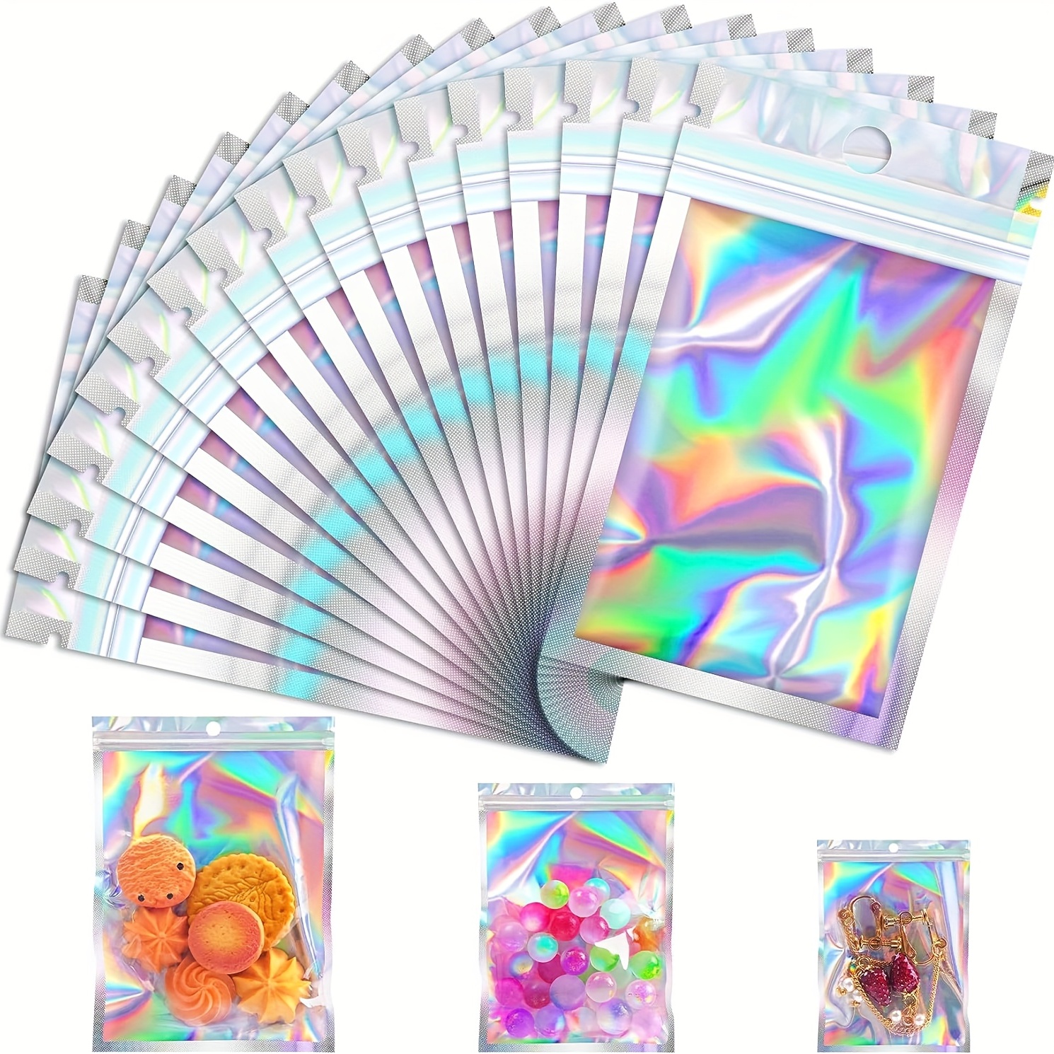 50Pcs Mylar Bags, Smell Proof Bags With Clear Window, Holographic Bags For  Snack, Cookie, Jewelry, Candy, Gift Packaging Storage, Resealable Sealable