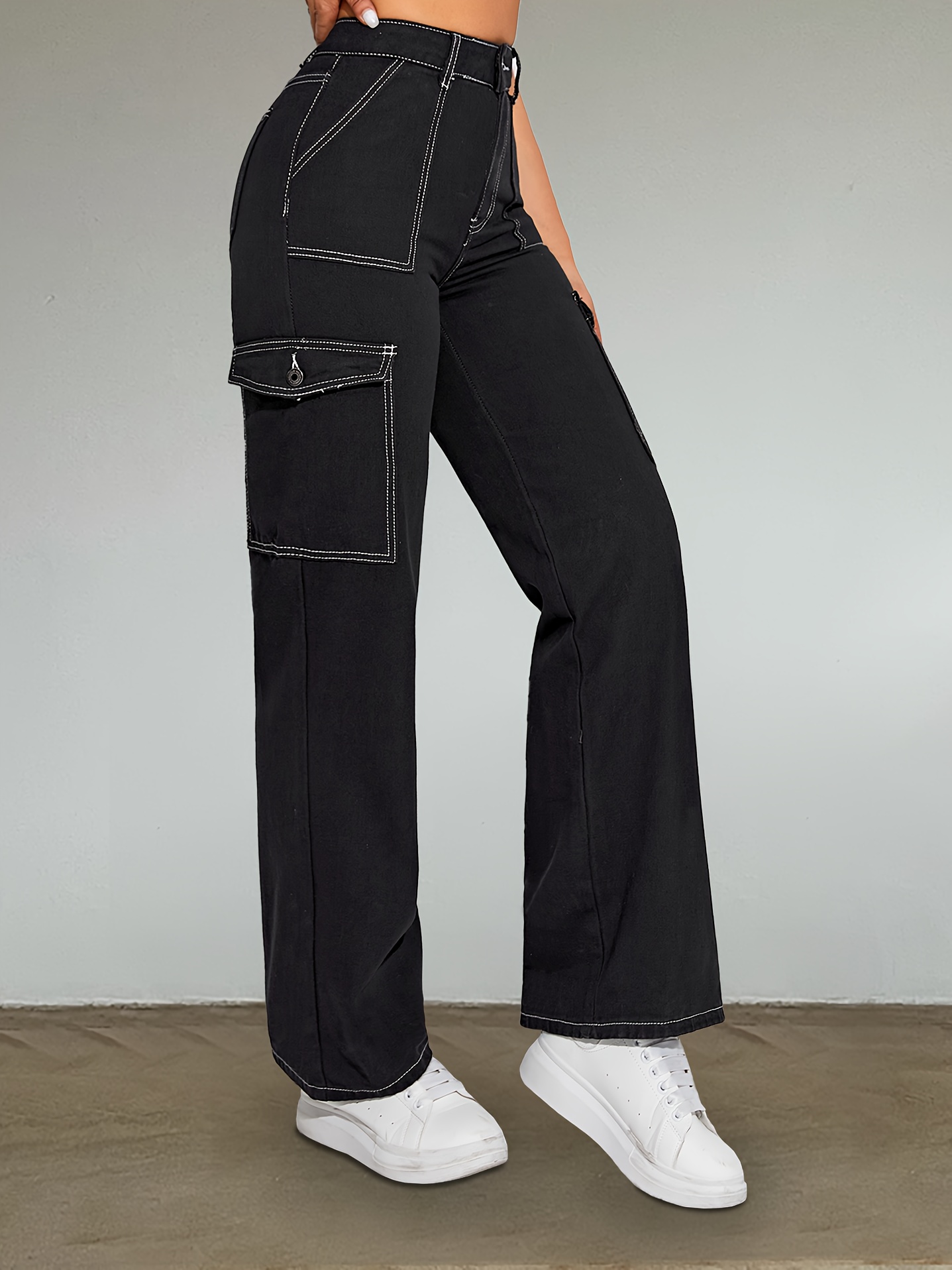 Black Flap Pockets Cargo Pants, Loose Fit Non-Stretch Y2K Straight Jeans,  Women's Denim Jeans & Clothing