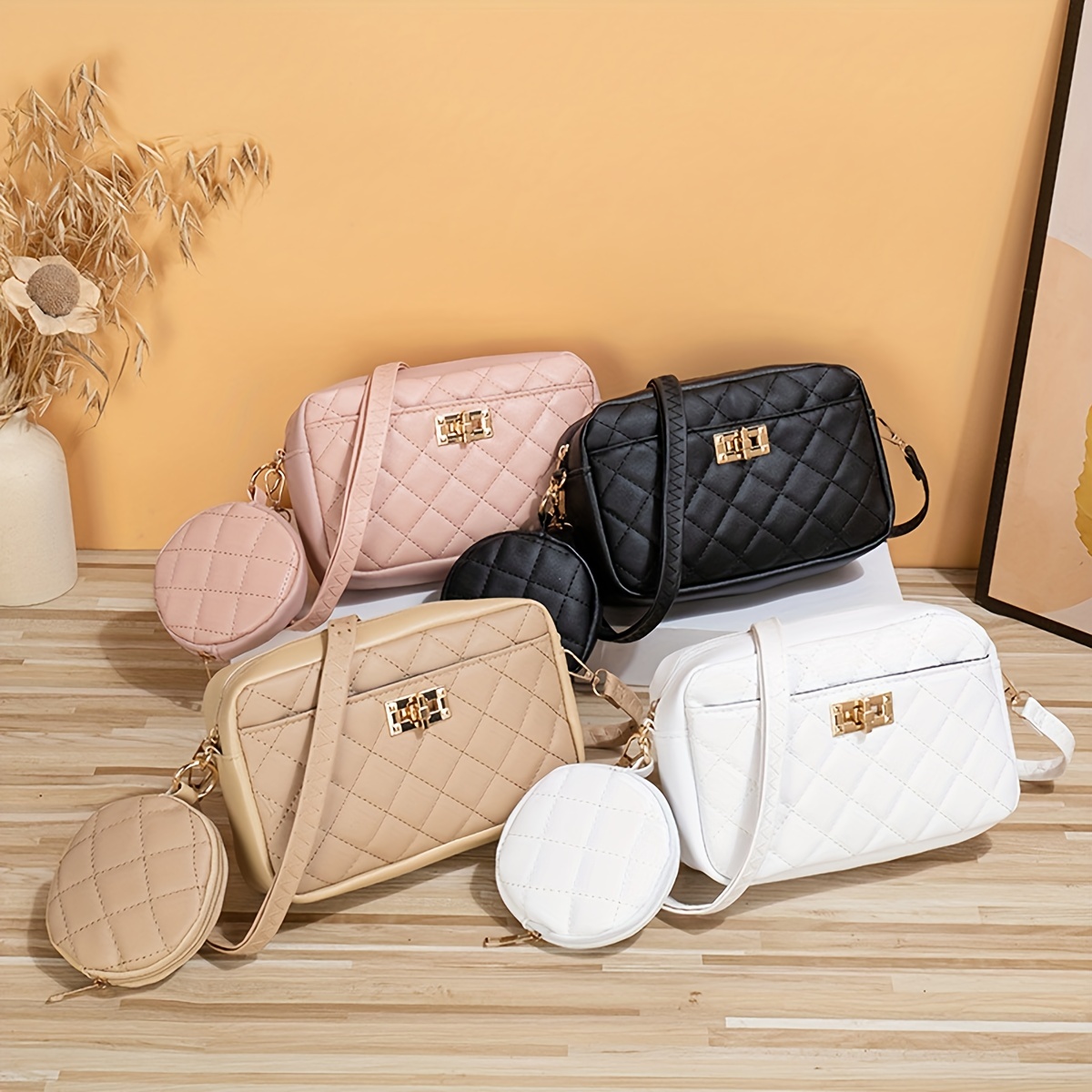 Stylish Lozenge Quilted Crossbody Bag Set, Solid Color Shoulder Bag With  Round Coin Purse, Perfect Sling Bag For Daily Use - Temu Netherlands