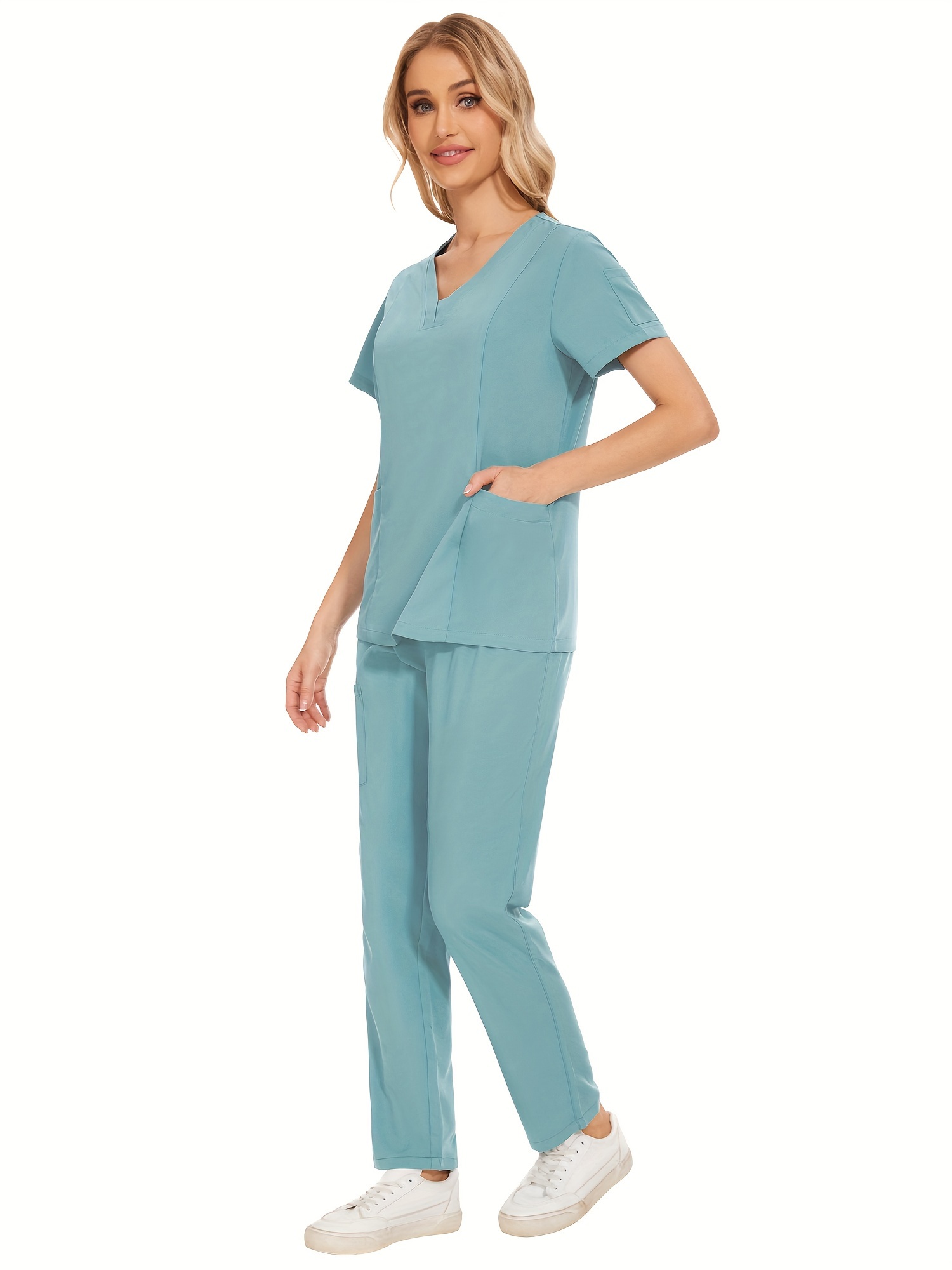 Nurse Work Two piece Set Crew Neck Pocket Front Scrub Tops - Temu