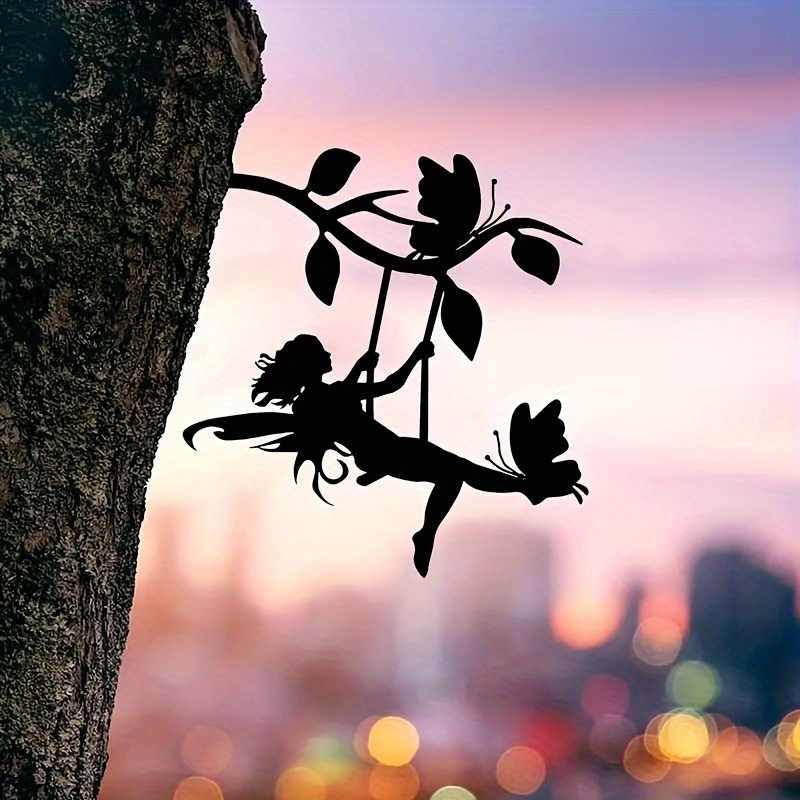 

1pc Swing Elf On Branch Steel Silhouette Metal Wall Art Home Garden Yard Patio Outdoor Statue Stake Decoration Perfect For Birthdays, Housewarming Gifts, Yard Art Decor