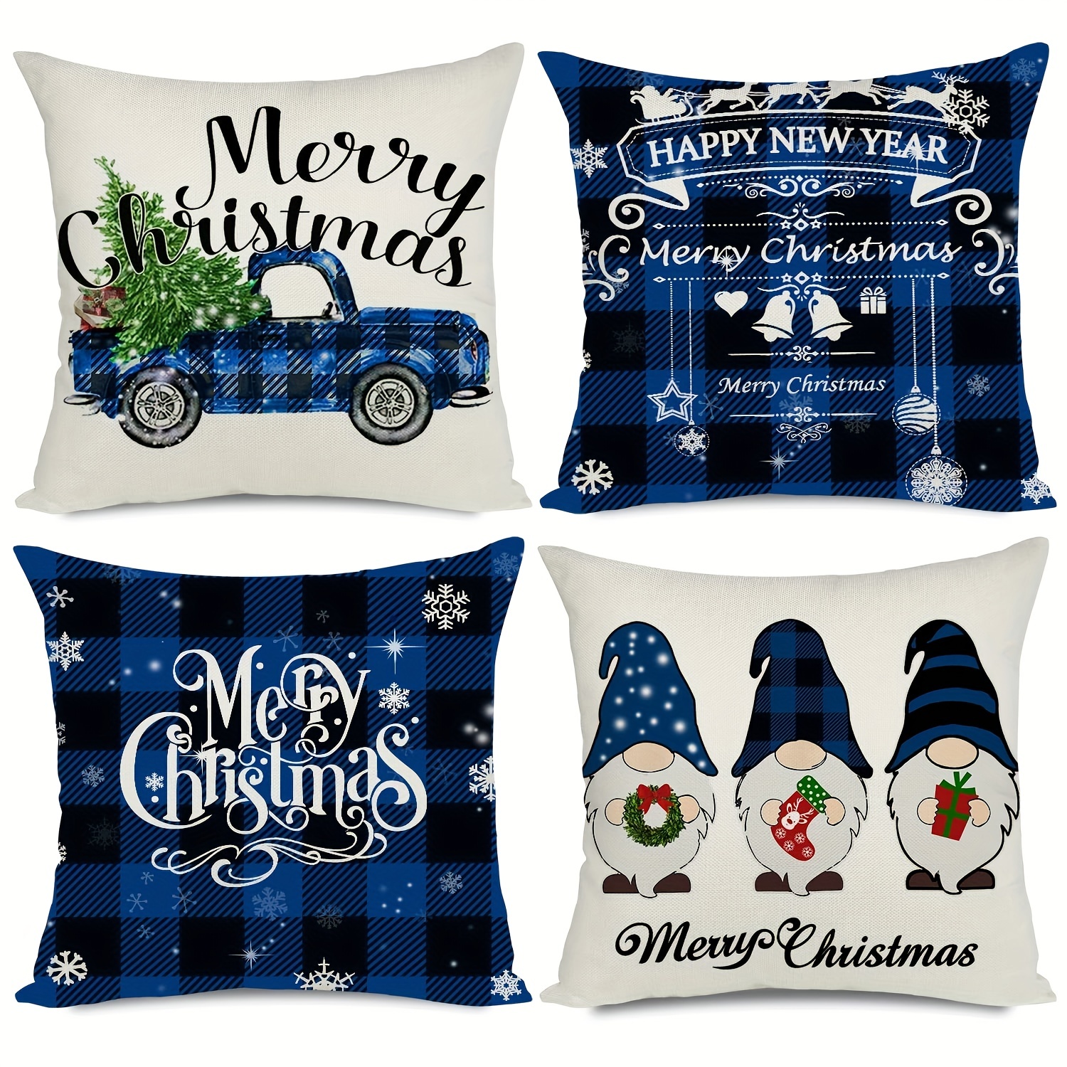 Christmas Pillow Covers, Christmas Decorations Throw Pillow Covers, Set of  4 Throw Pillow Cases with Holiday Decor, Buffalo Plaid Sofa Pillow Case  Winter Decorations,18x18 Inches,Plaid Blue 