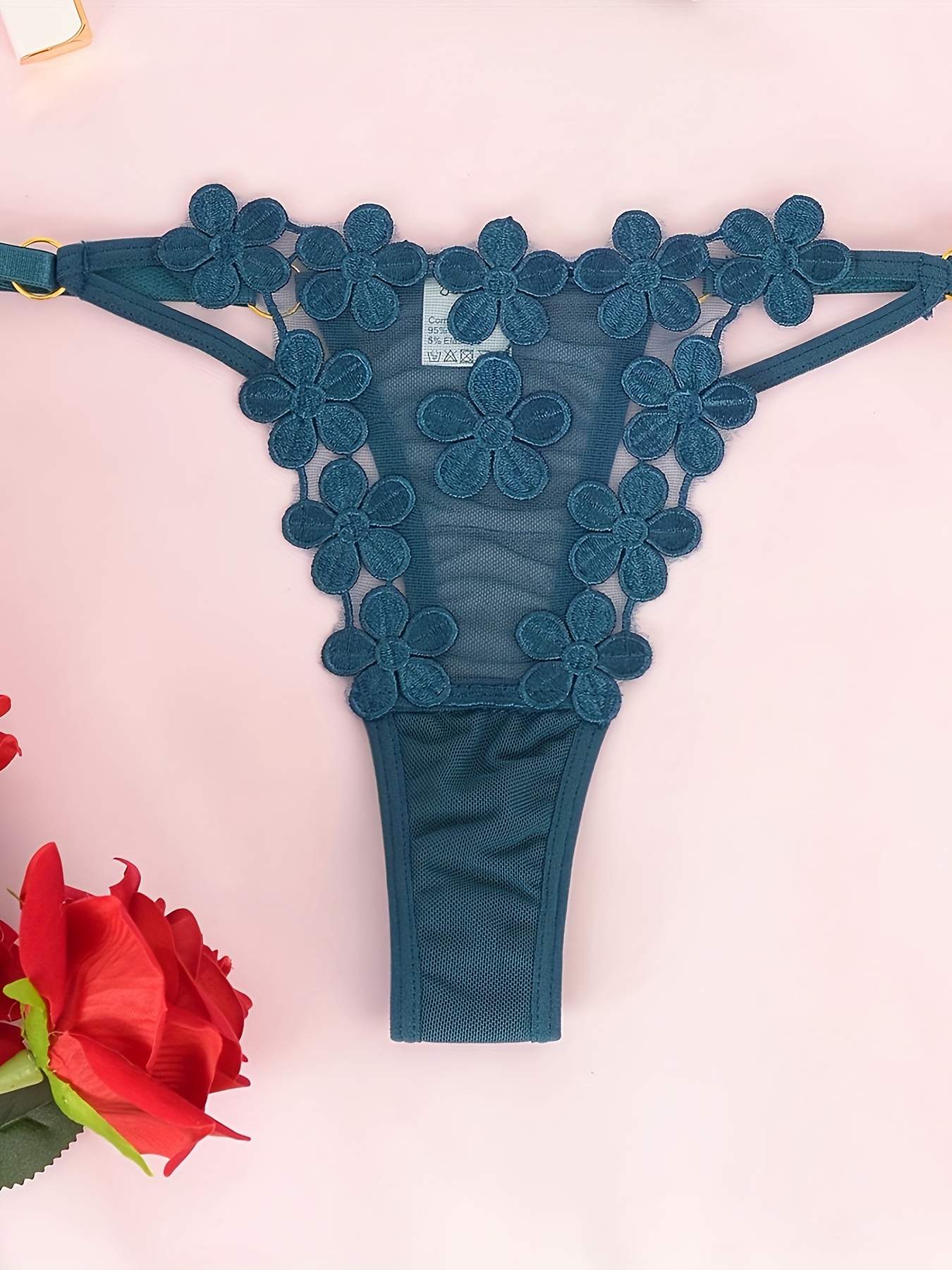 Floral Embroidery Panties See Mesh Intimates Panties Women's - Temu