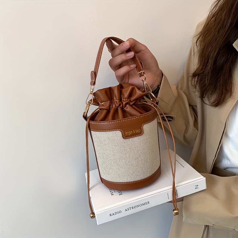 Two Tone Canvas Bucket Bag Drawstring Design Crossbody Bag Mini 