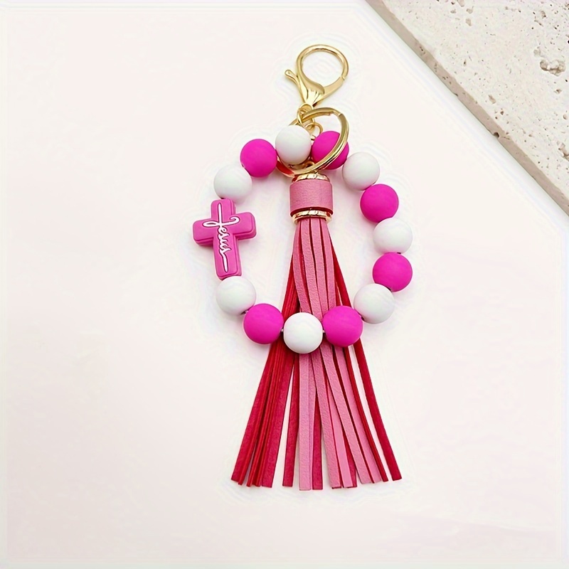 one cross silicone rubber paint round bead bracelet keychain k428 pink white metal silicone bead 13