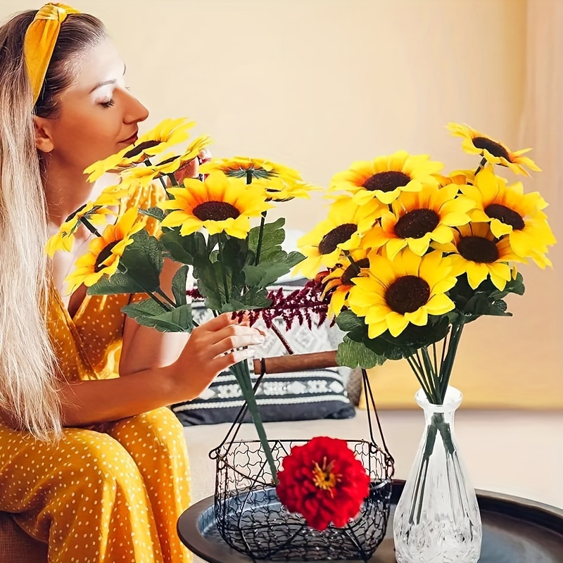 Maceta de girasoles artificiales, ramo de girasoles artificiales con jarrón  de plástico, arreglos de girasoles de bonsái, flores falsas amarillas en