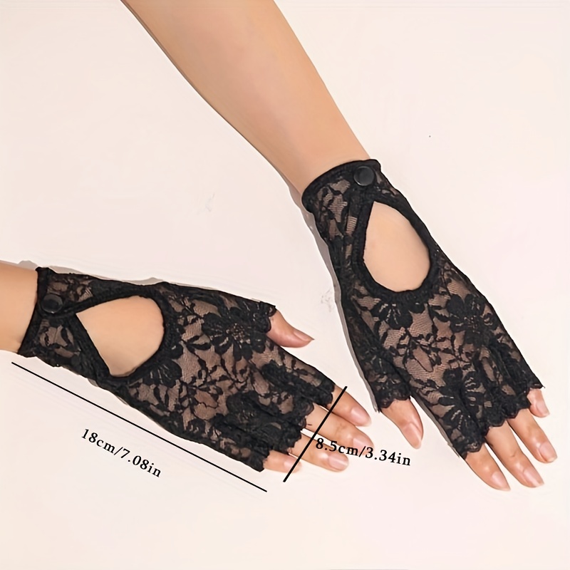 Black Snap Lace Gloves Simple Hollow Half Finger Elastic - Temu