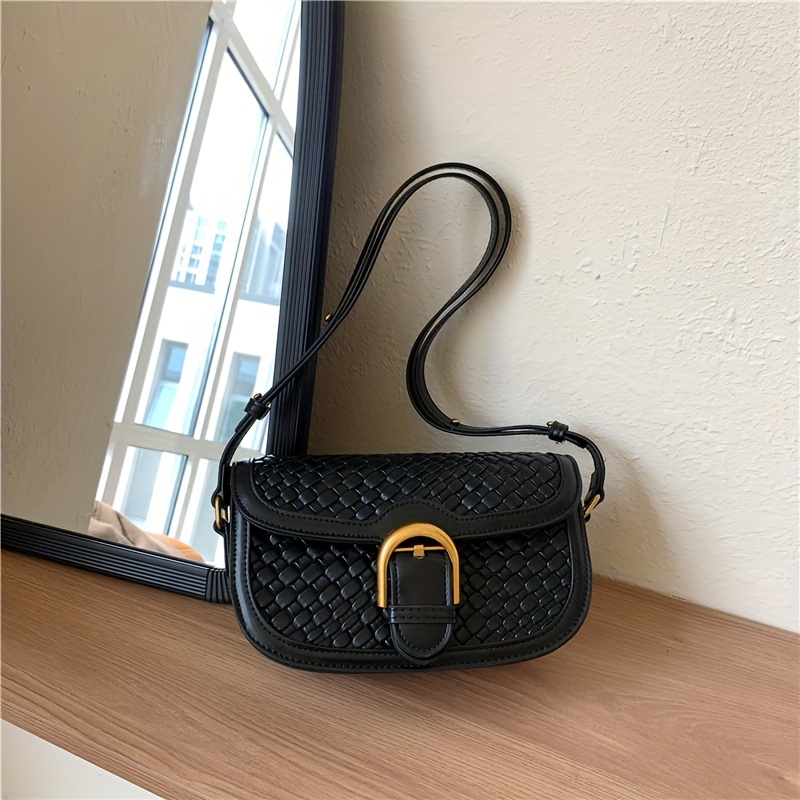 Mini Messenger Bag Fashionable Black Buckle Decor Flap PU