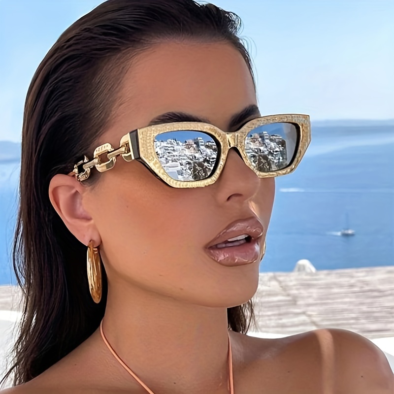 Cat Eye Fashion Sunglasses for Women Men Mirror Lens Chain Charm Glasses for Summer Beach Party, UV400,SUN/UV Protection,Sun Glasses,Y2k,Eye