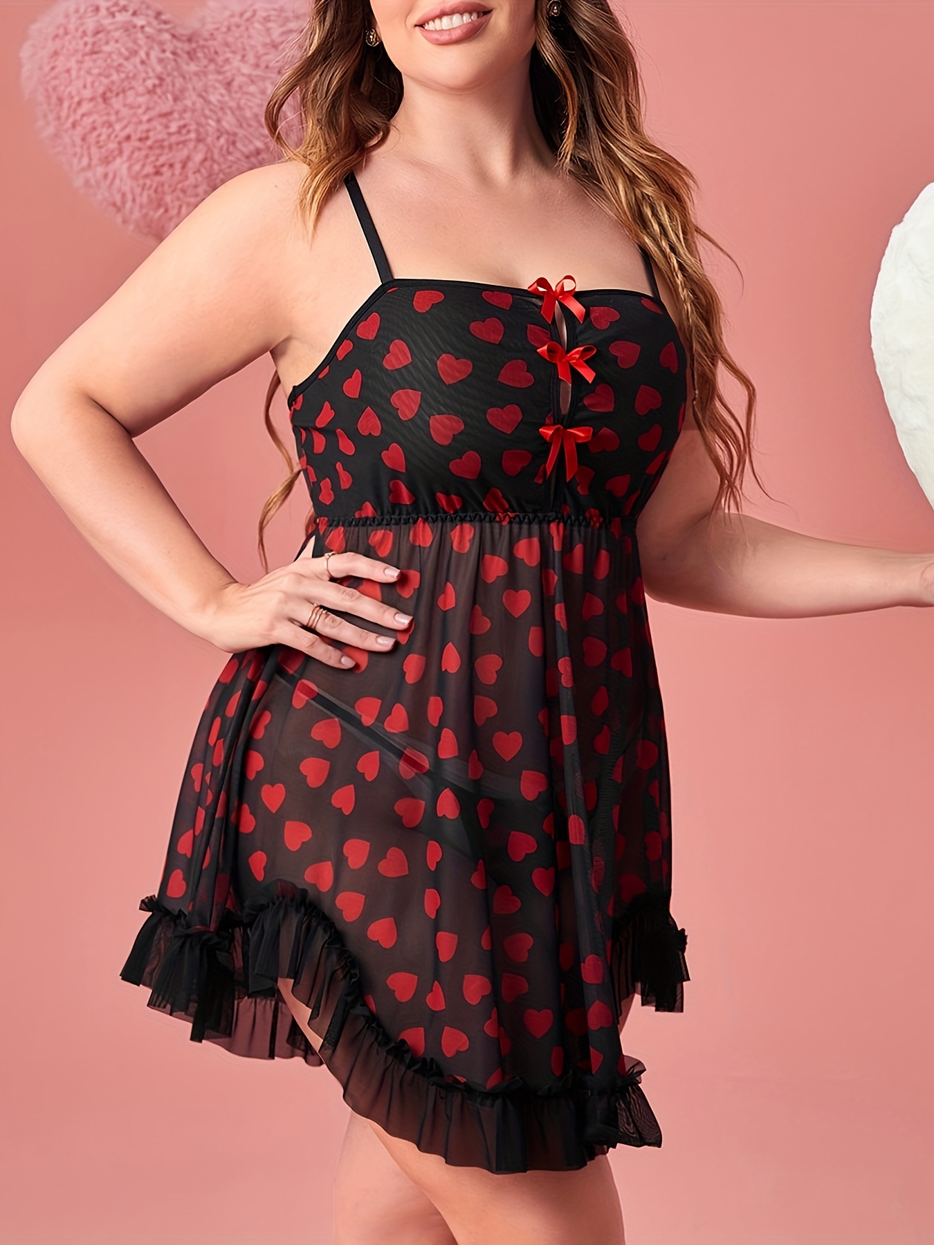 Women s Valentine s Day Sexy Lingerie Dress Plus Size Heart Pattern Bow Front Ruffle Trim Babydoll Dress With Free Panty