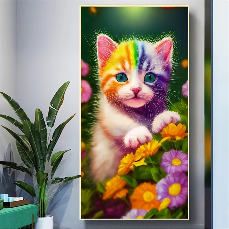 5d Diy Cat Diamond Painting Kit Cute Kitten With Flower - Temu