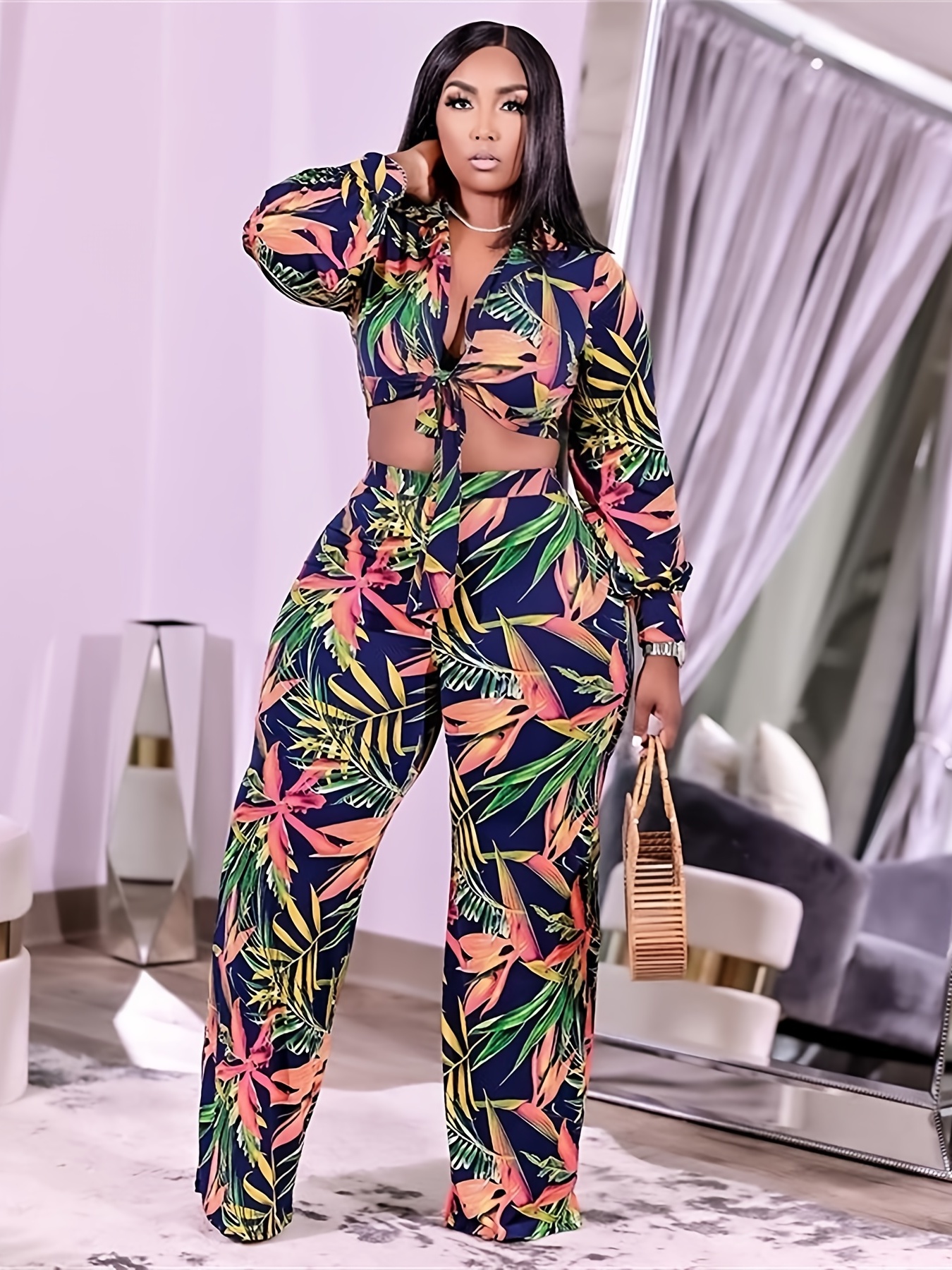 Plus Size Tropical Print Deep V Neck Crop Tops & Wide Leg Pants Set,  Women's Plus Boho 2pcs Set Outfits, Women Plus Size Two Piece Set