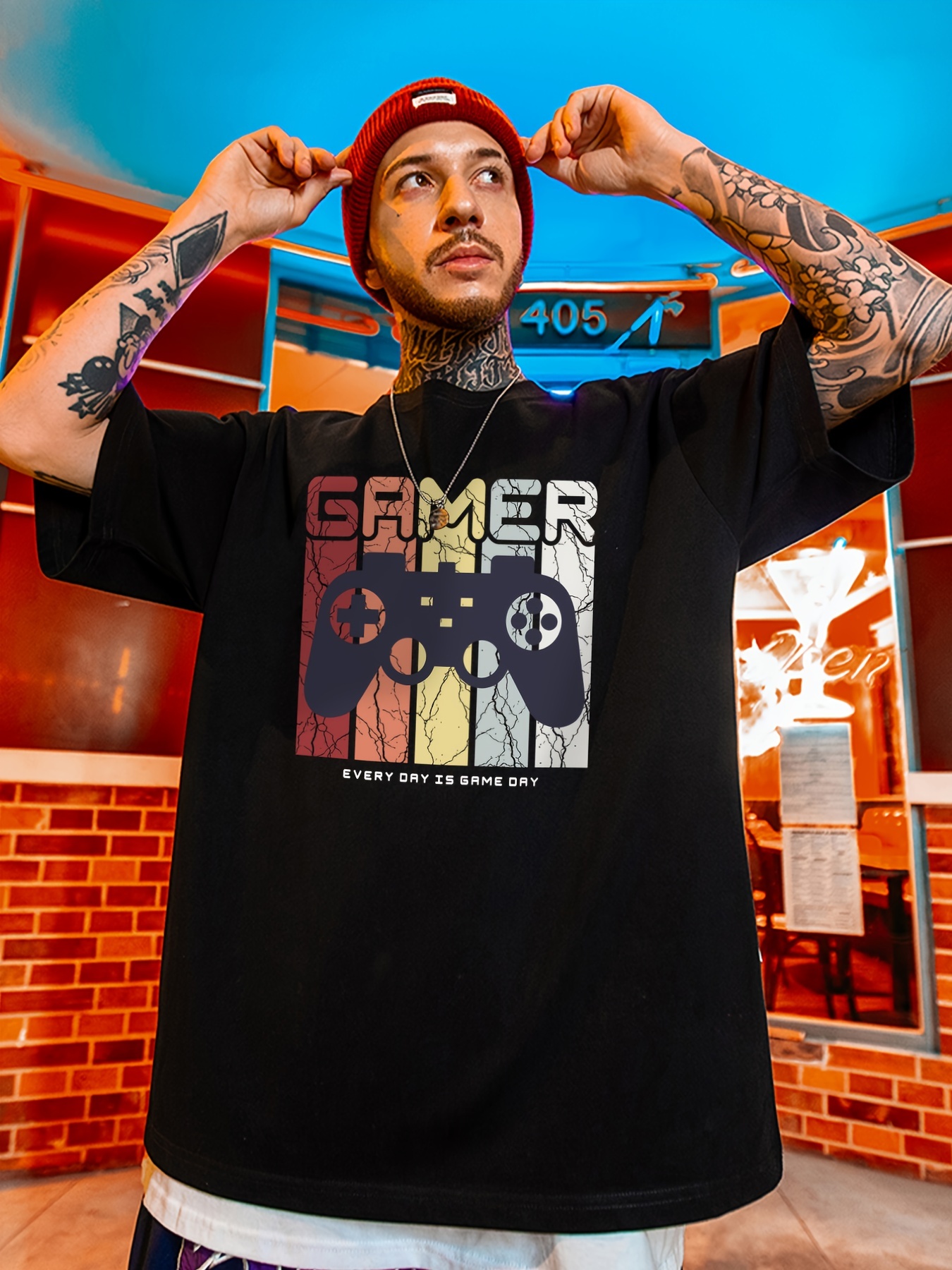 Temu Men's Plus Size'GAMER Evey Day Is Game Day' Print Plain Color Crew Neck T-Shirt, Blouses, Tee, Oversized Short Sleeve Tops Sweat Resistant Loose