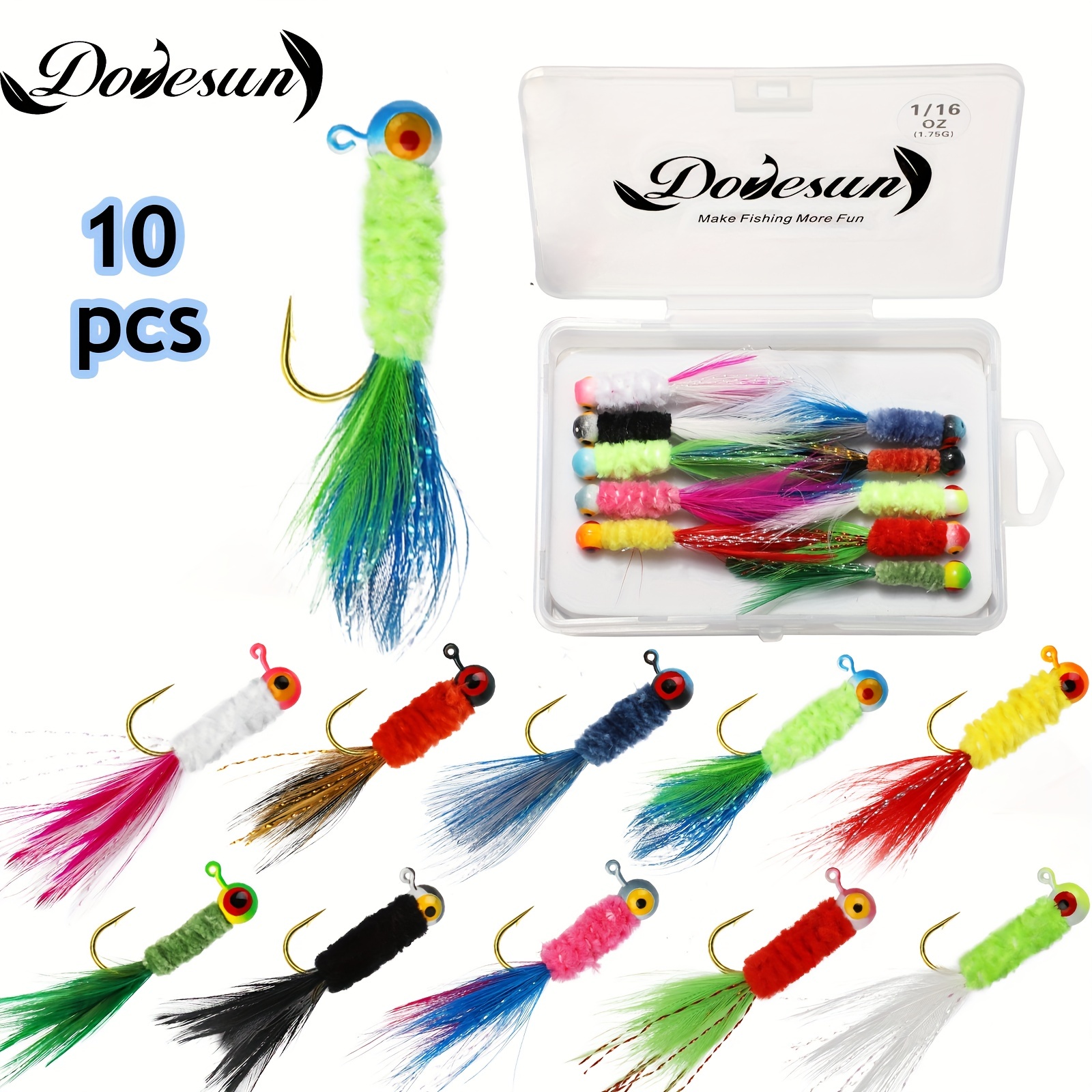 Dovesun 10pcs 0.8/1.75g (0.03/0.06oz ) Crappie Jigs, Jig Heads Fishing Bait  With Feather For Ice Or Fly Fishing, Fishing Hair Jigs For Panfish Sunfish