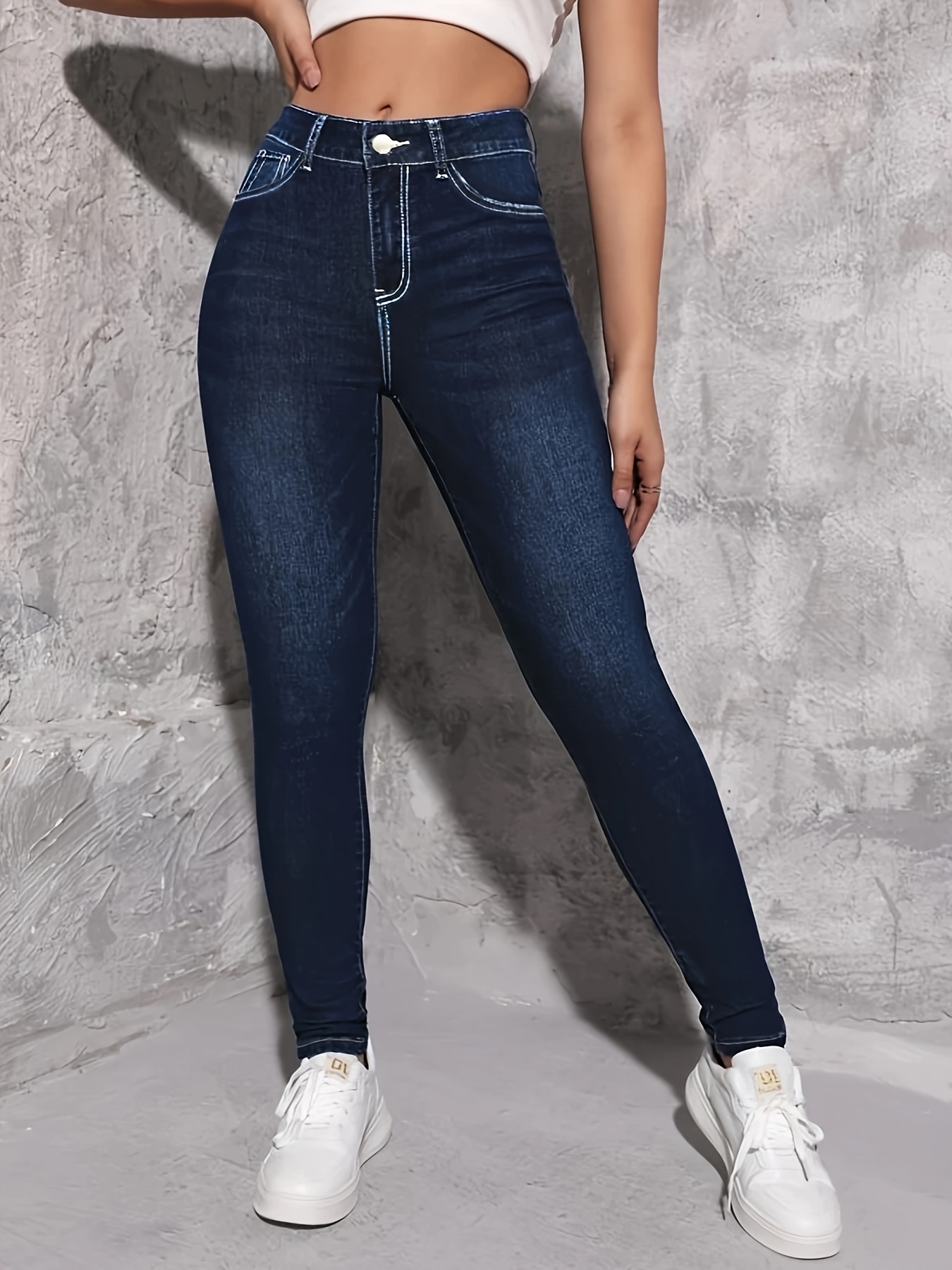 High Rolled Hem Skinny Jeans Light Blue Plain Design - Temu