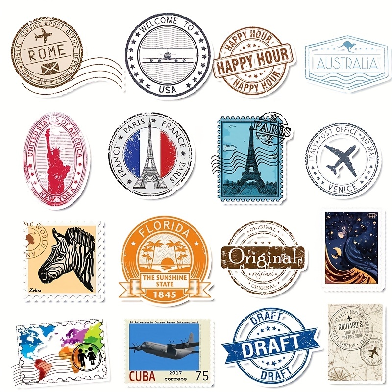 Honch Vinyl Vintage Stamp Stickers Retro Travel Stickers 50 Pcs Suitcase Sticker Pack Decals for Suitcase Laptop Car Luggage Water Bottle, Size: One