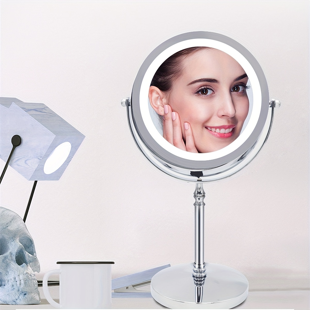 Espejo de maquillaje montado en la pared de 8 pulgadas con iluminación LED,  espejo de aumento de 10X de dos caras para baño/dormitorio/hotel, acabado