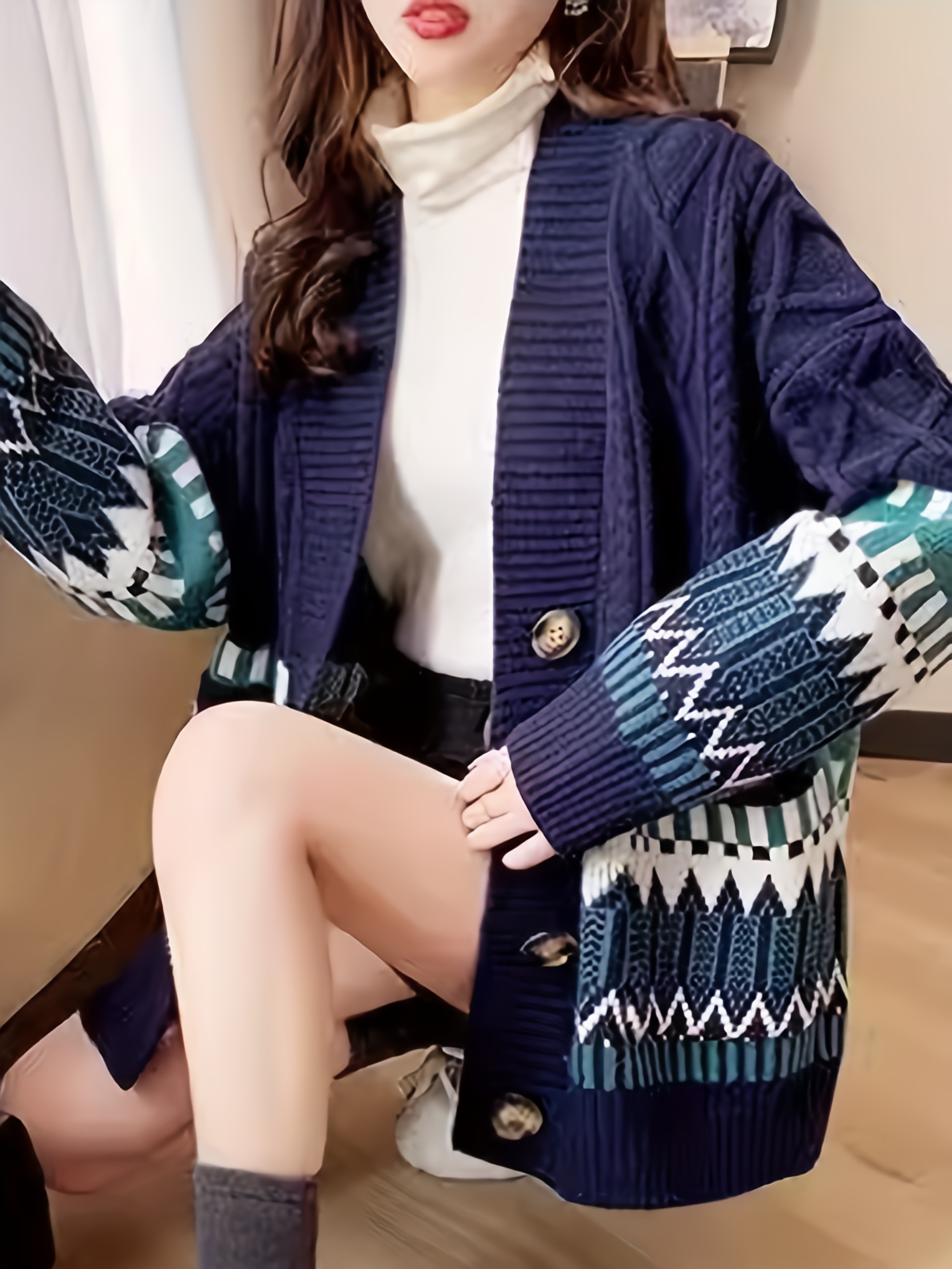 geo pattern button down knit cardigan elegant long sleeve loose sweater with pocket womens clothing navy blue 3