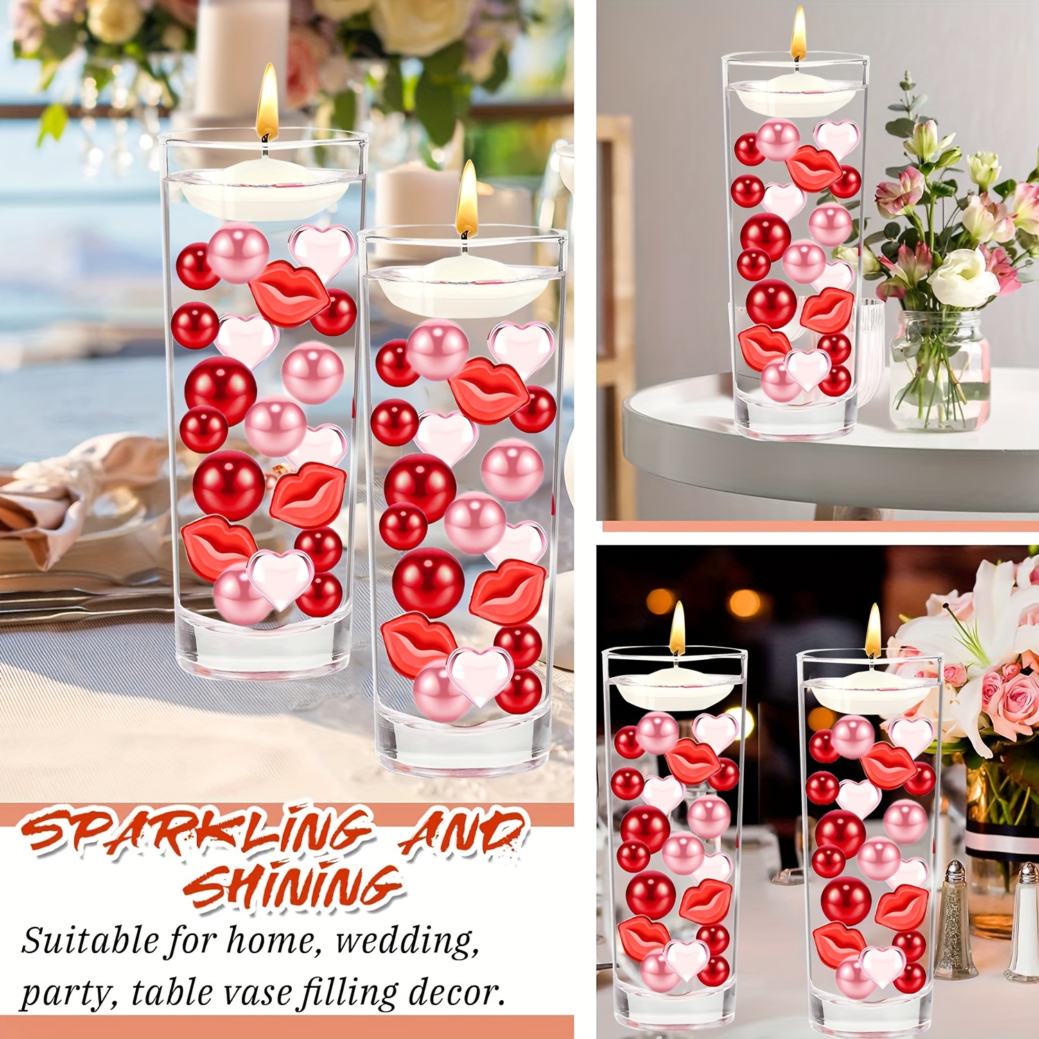 110pcs Valentine's Day Vase Filler, Pearls Heart Acrylic Floating Candle  Centerpieces For Valentine's Day Wedding Home Party Table Decoration