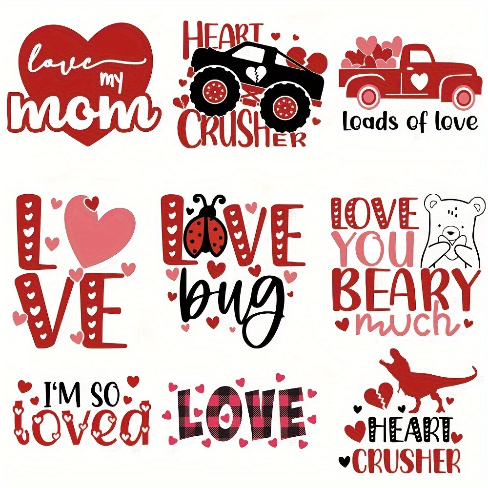 Valentine's Day Iron on Transfer Heat Press Decals Washable Heat Transfer Vinyl Paper Patches for T-shirts Clothing 9pcs Sticker