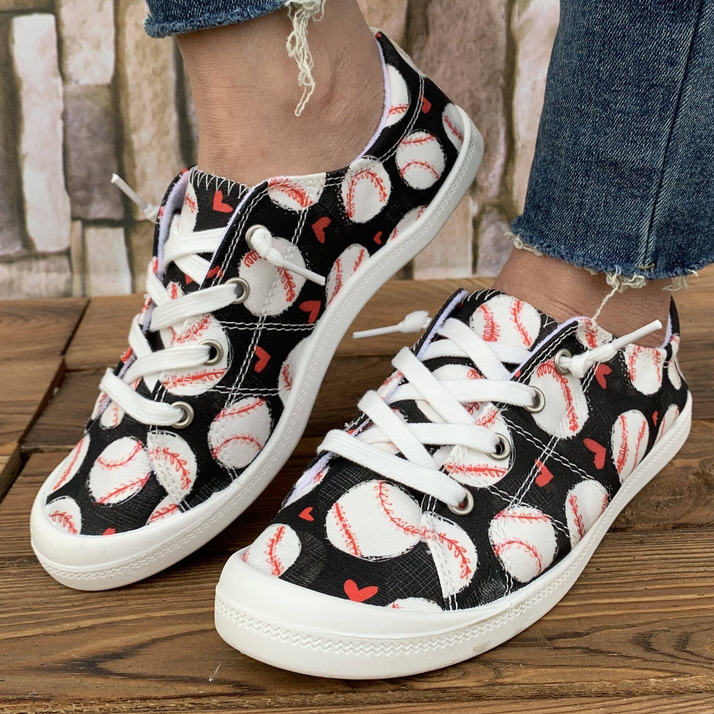 Women s Baseball Print Canvas Shoes Casual Lace Up Outdoor Shoes Lightweight Low Top Sneakers