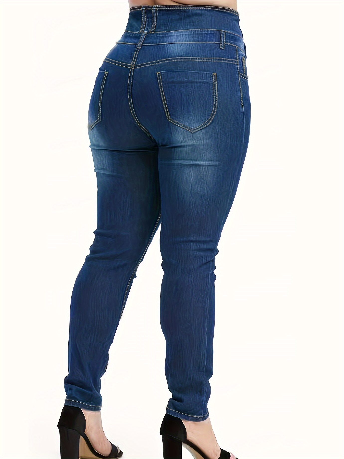 Jeans ajustados con botones y tiro alto de talla * pantalones ajustados  elásticos medianos para mujer