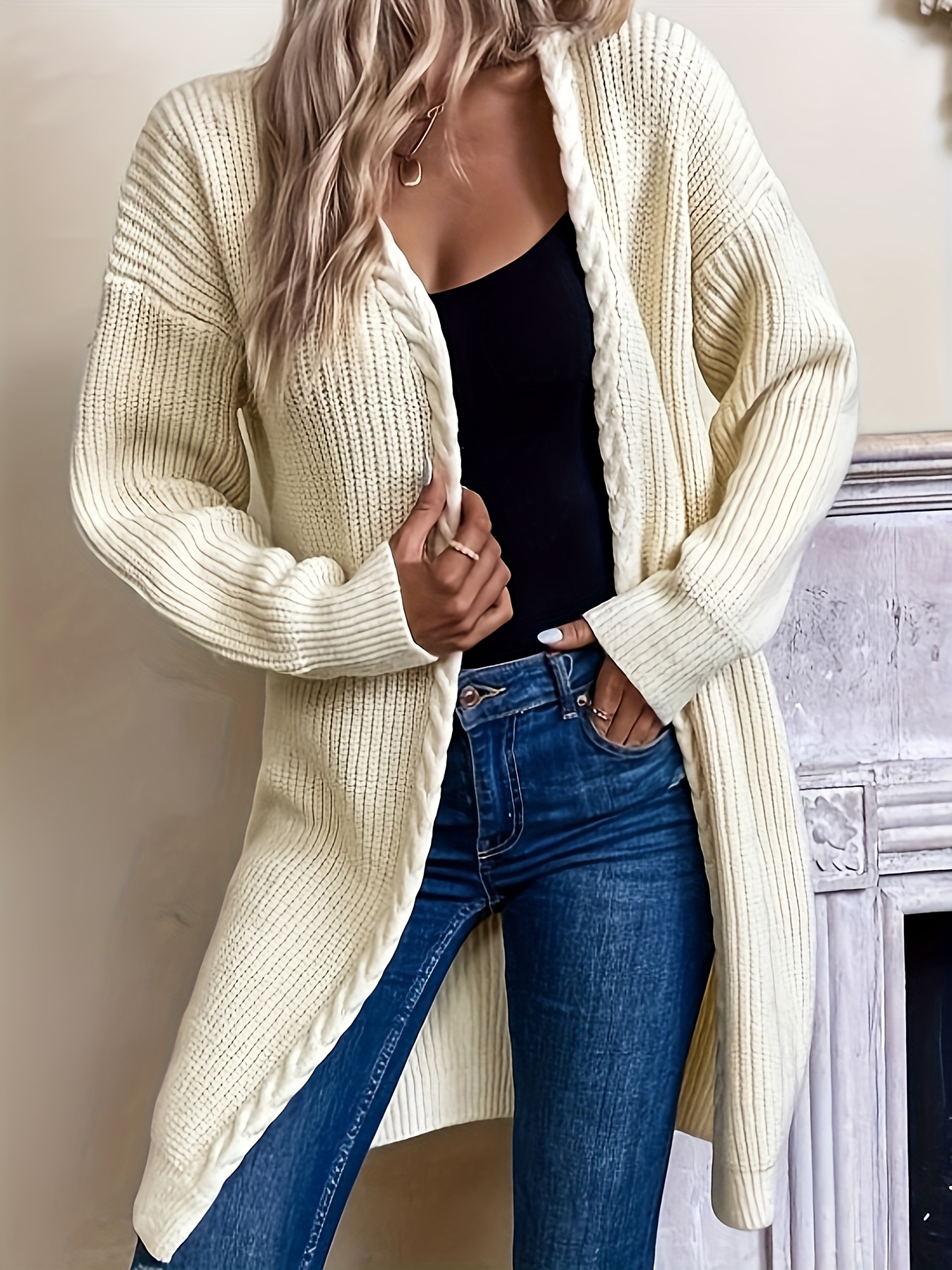 Solid Open Front Knit Cardigan, Casual Long Sleeve Loose Sweater, Women's  Clothing