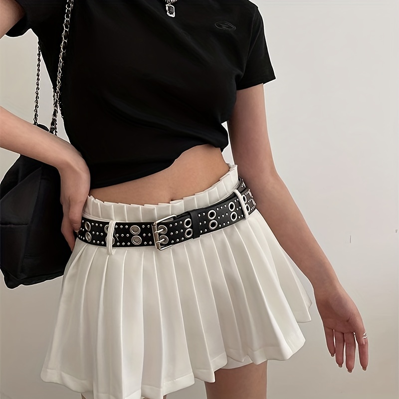 Double Pin Buckle Rivet Belt Hollow Out PU Leather Punk Jeans Pants Belt