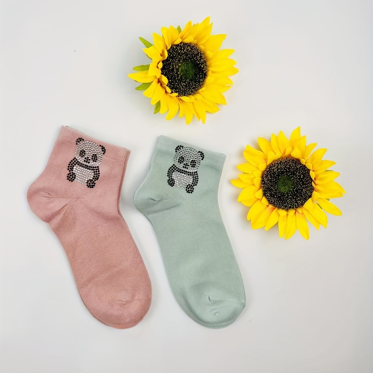 Panda Rhinestone Decor Socks Crew Short Women's Stockings