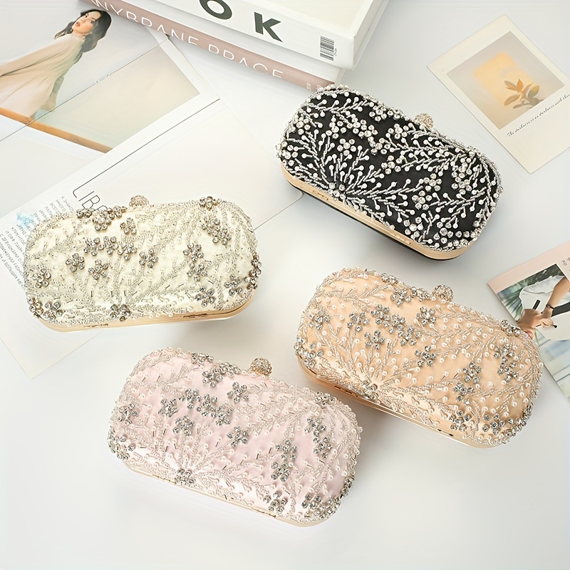 Floral Beaded Clutch Box Purse Chain Handbag for Wedding Prom