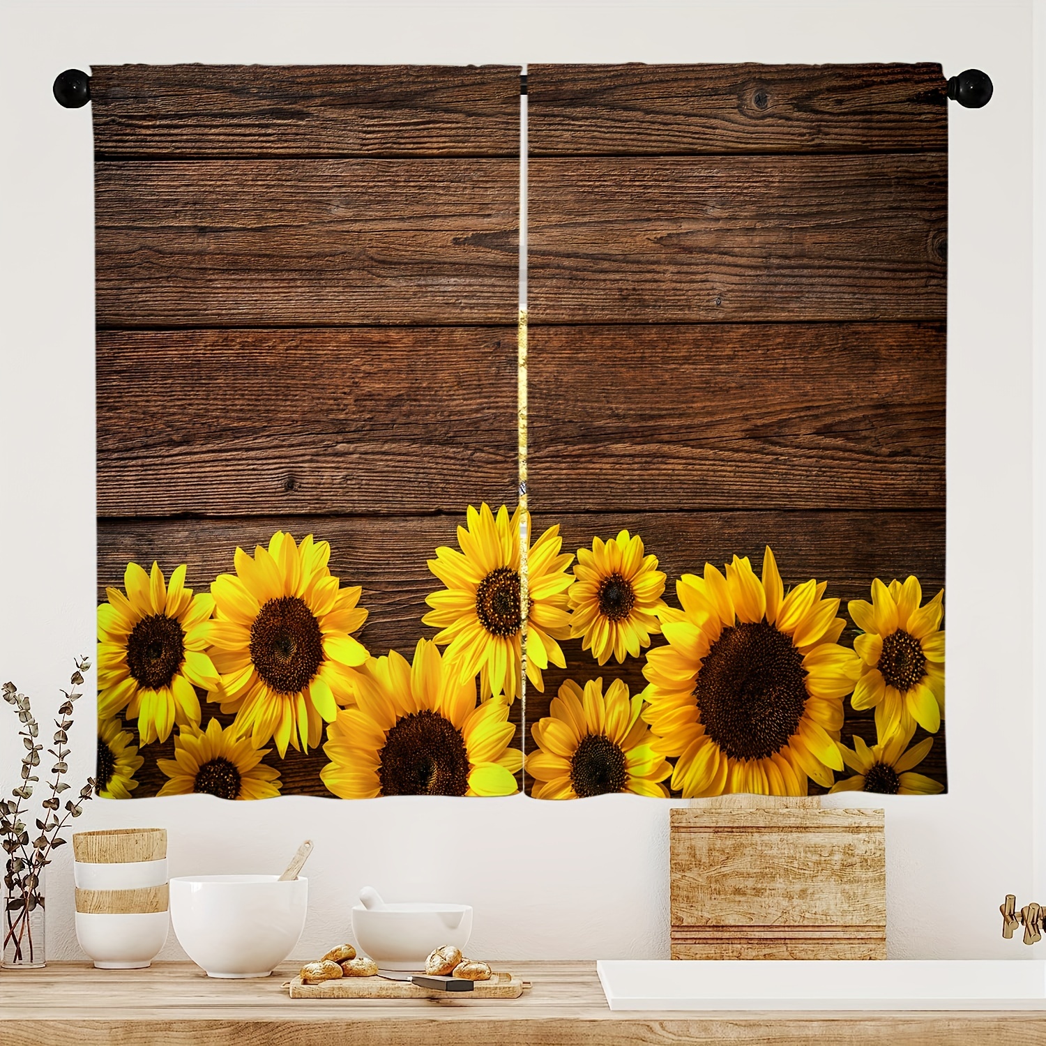 2pcs Tratamiento Ventana Impreso Girasoles Cortinas Cortas - Temu