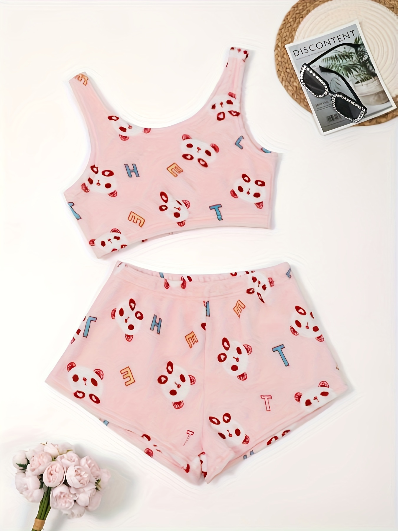 Plus Size Cute Pajama Set, Women's Plus Panda & Letter Print Round Neck  Flannel Crop Top & Shorts Lounge Two Piece Set