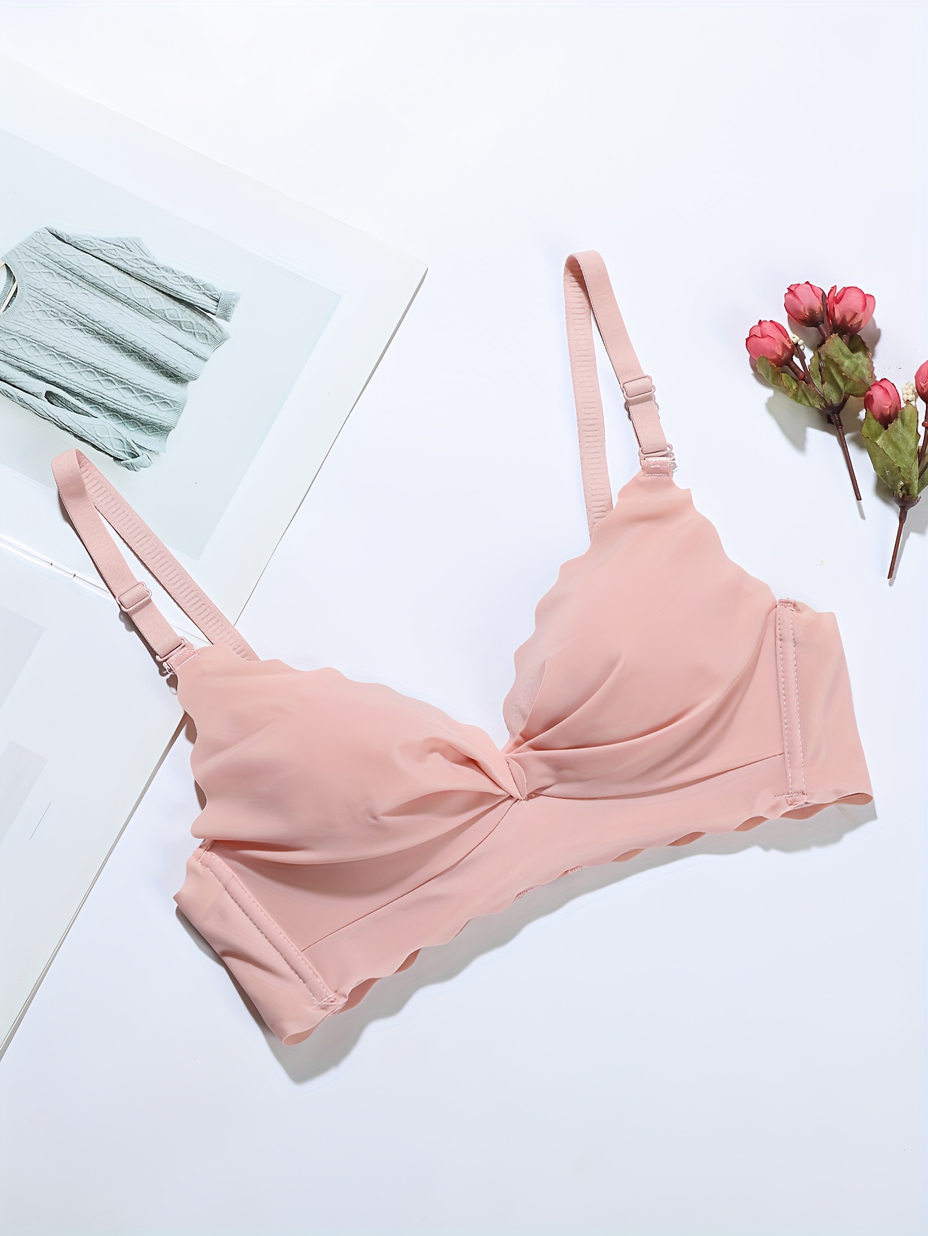 Floral Lace Wireless Bra Comfy Breathable Scallop Trim - Temu