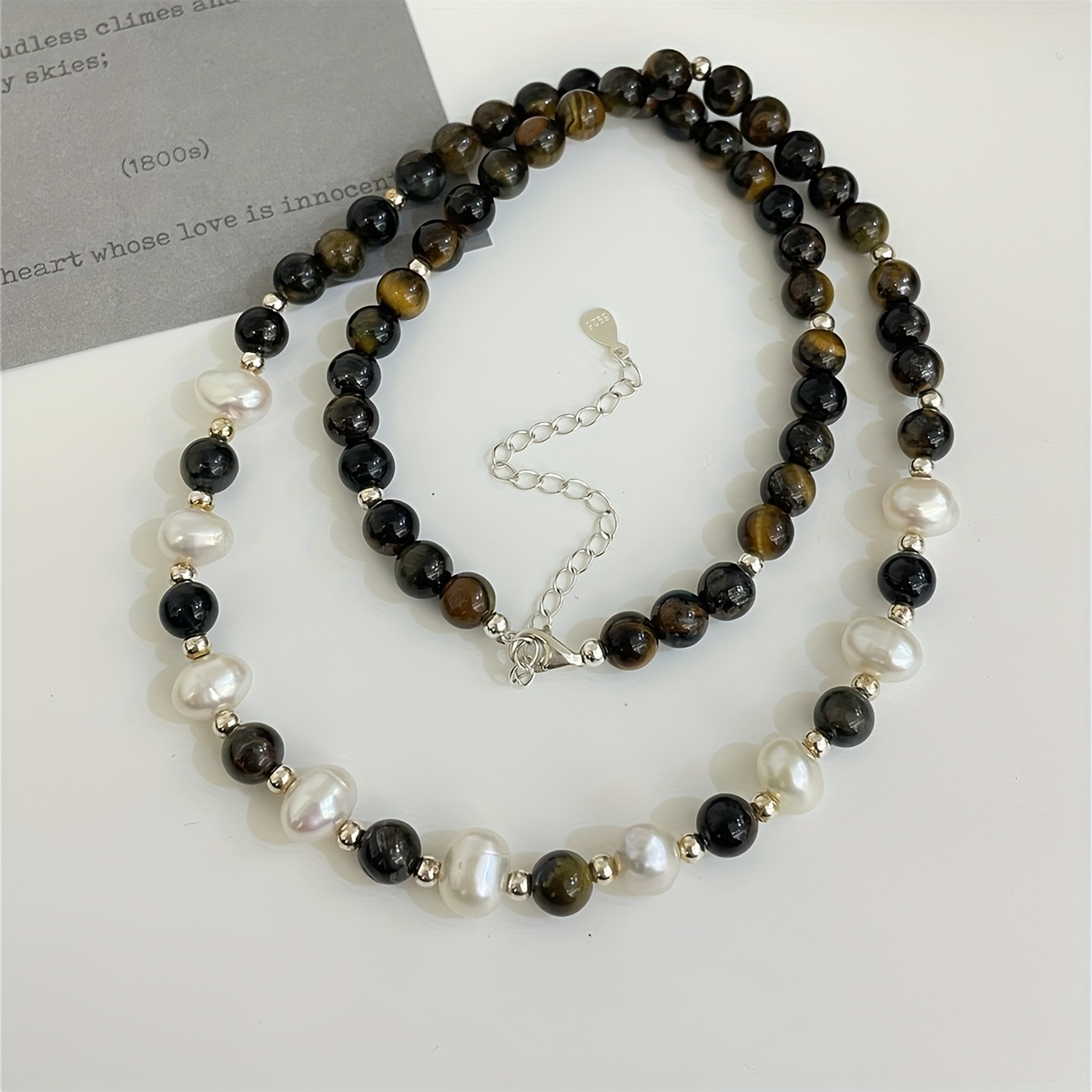 a 925 silvery necklace pearls tiger eye stones weighing Temu