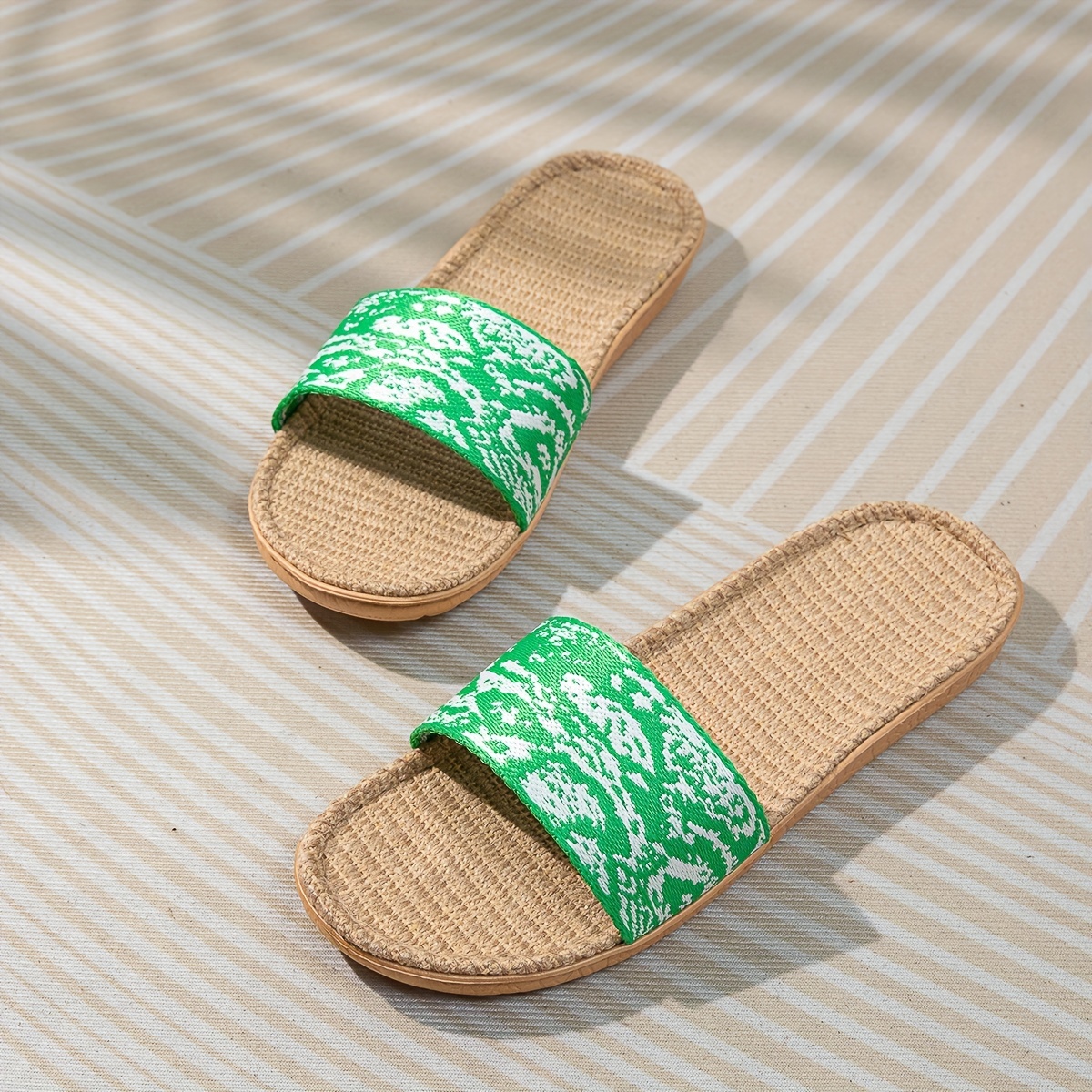 Women's Flat Linen Slides Breathable Open Toe Slip On Shoes