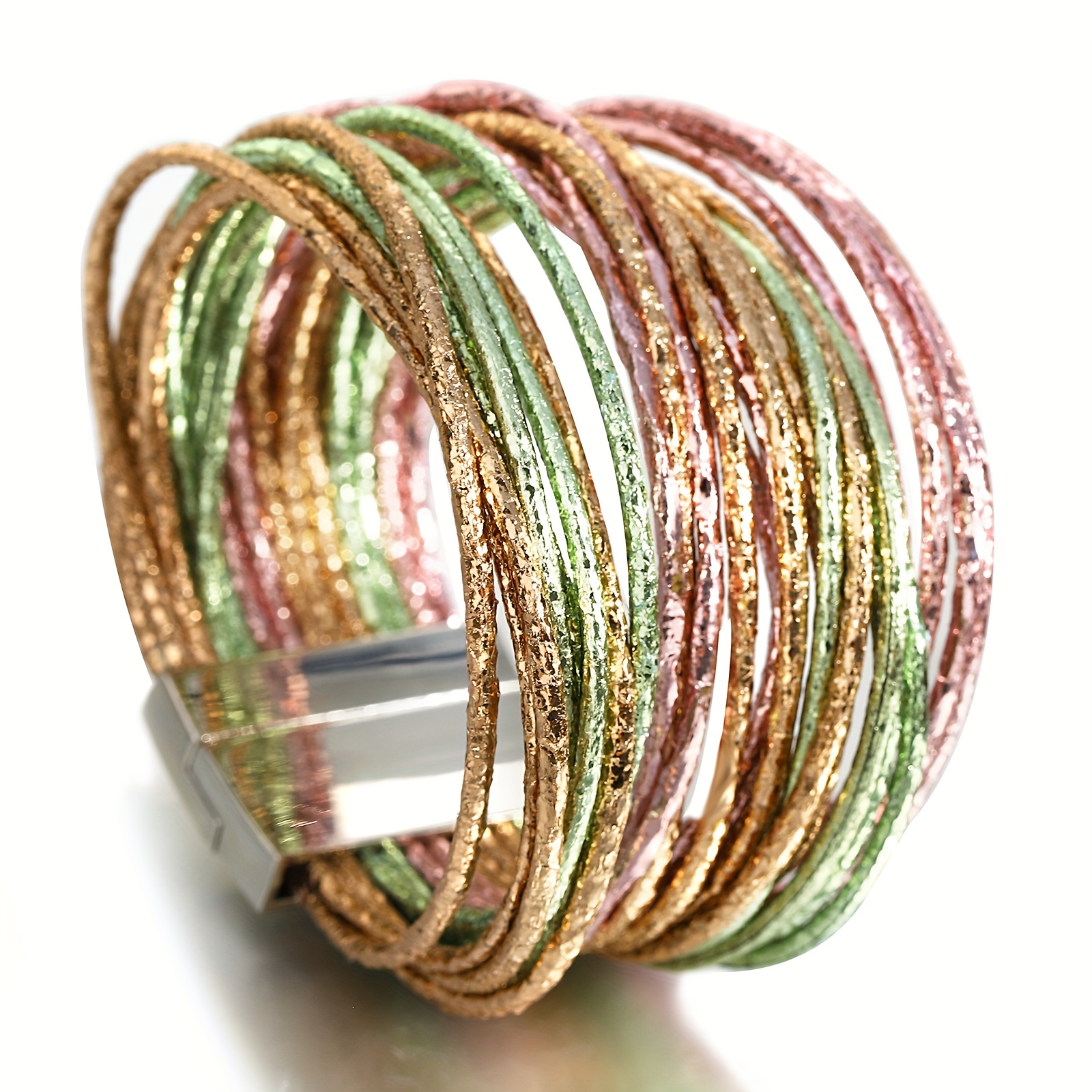 1pc slim stripes wide multilayer wrap bracelet metallic shiny glitter leather cuff bracelet with magnetic clasp jewelry for men women   birthday gifts details 10