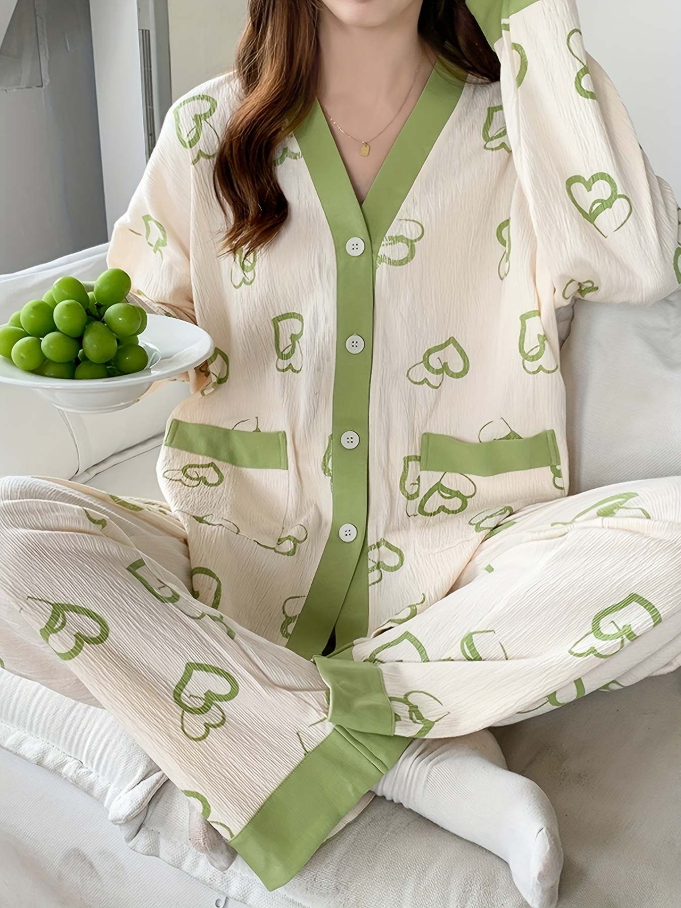 Heart Print Pajama Set, Short Sleeve Button Up Top & Lounge Pants, Women's  Sleepwear & Loungewear