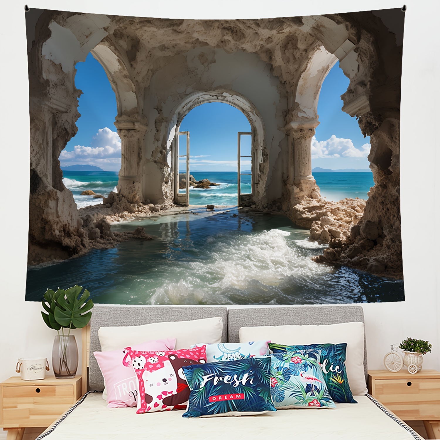 Blue Ocean Wave Tapestry Peach Skin Window Tapestry - Temu