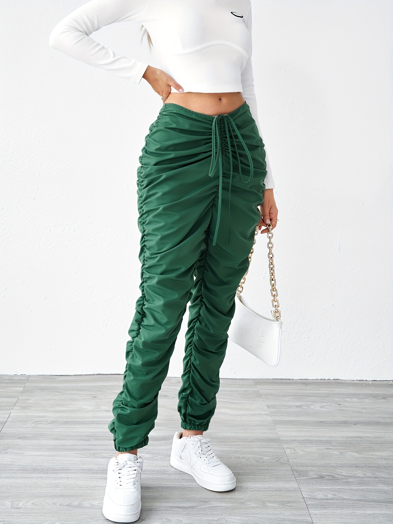 Drawstring Solid Ruched Joggers Casual High Waist Pants - Temu