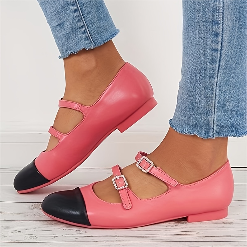 Women's Toe Mary Jane, Colorblock Buckle Strap Flat Shoes, Versatile Flats  For Women - Temu