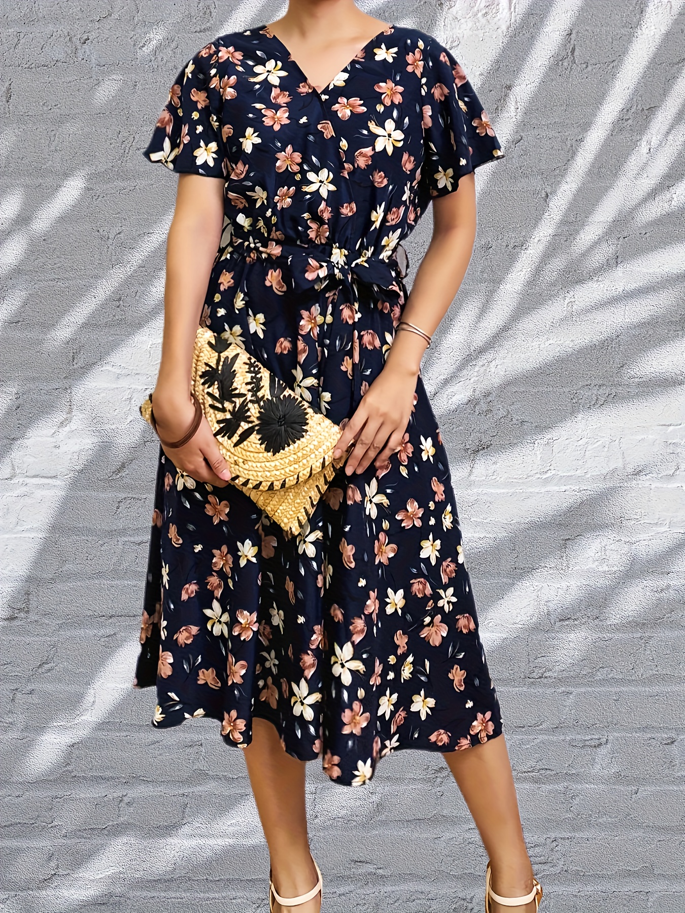 floral print surplice neck dress elegant midi short sleeve dress womens clothing
