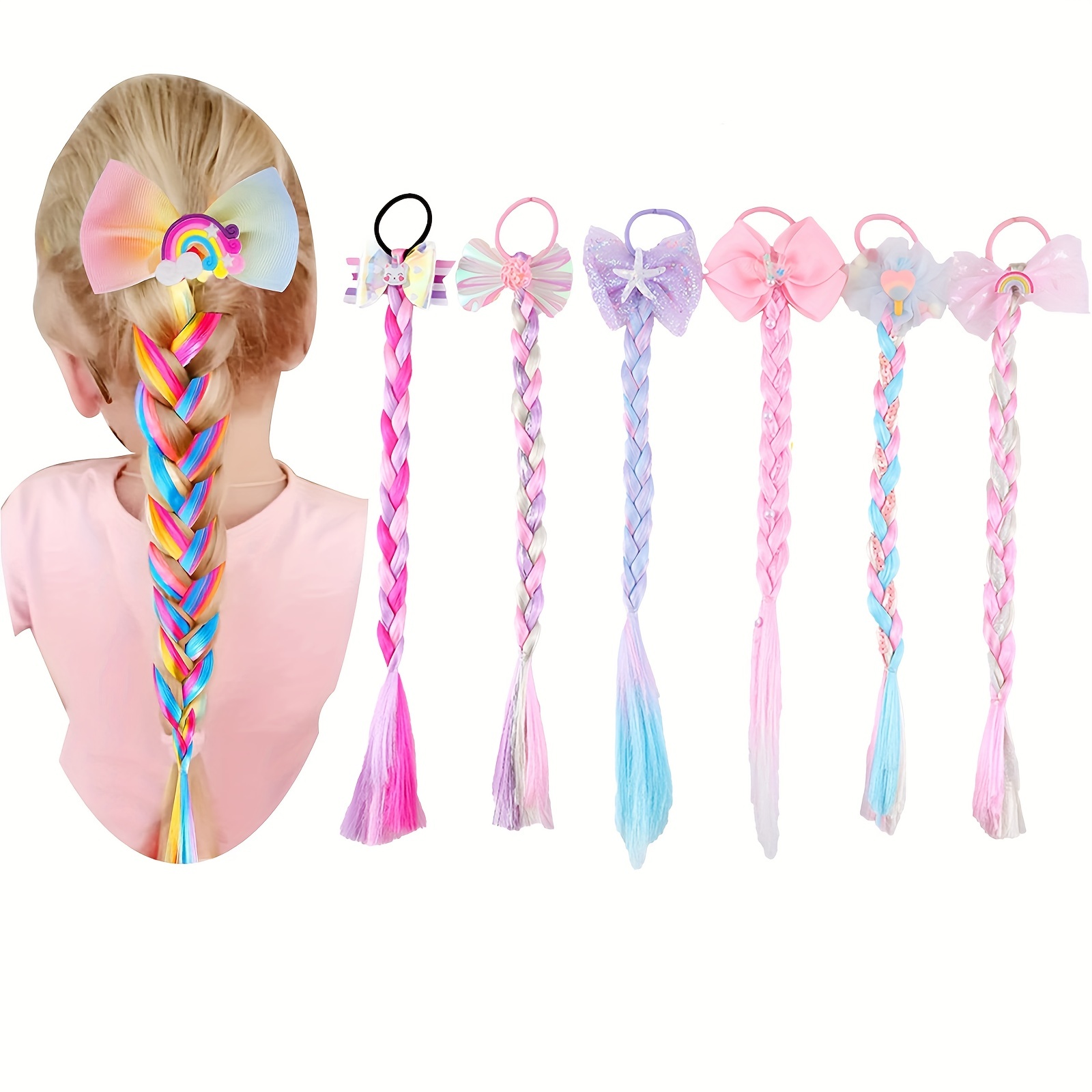 Kids Braided Ponytails Extensions With Beads, Clip Bows and Adjustable  Bands. Twists and Braids Ponytails Clip and Go 